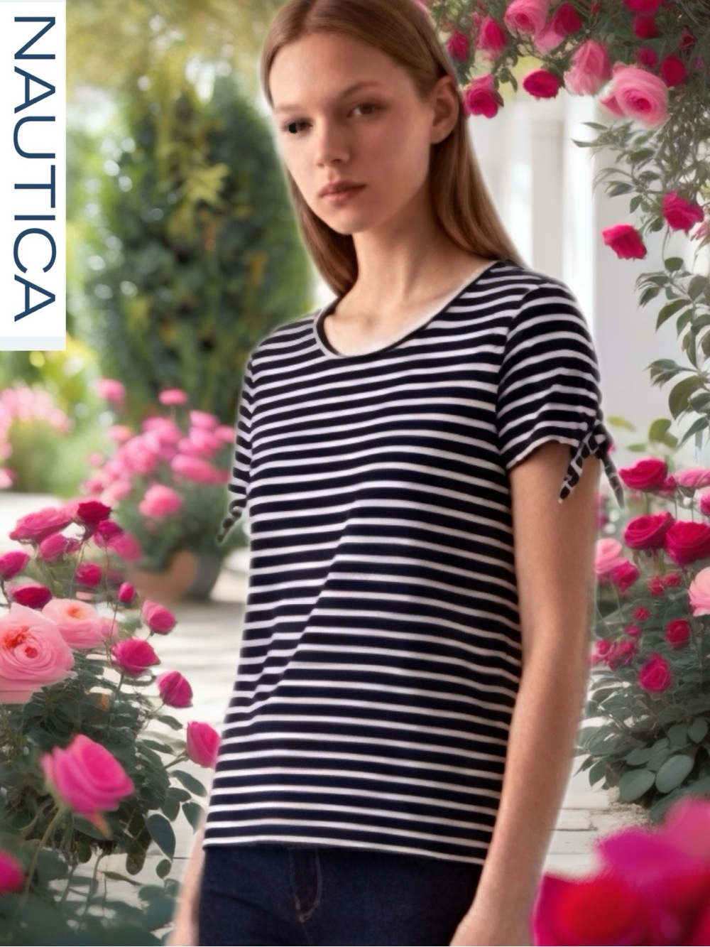 Nautica Women's Navy & White Striped Tie-Sleeve Tee